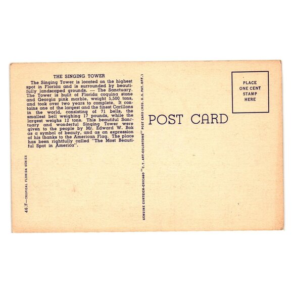 Vintage Postcard Singing Tower Peaceful Mountain Lake Sanctuary Lake Wales FL - Picture 2 of 2